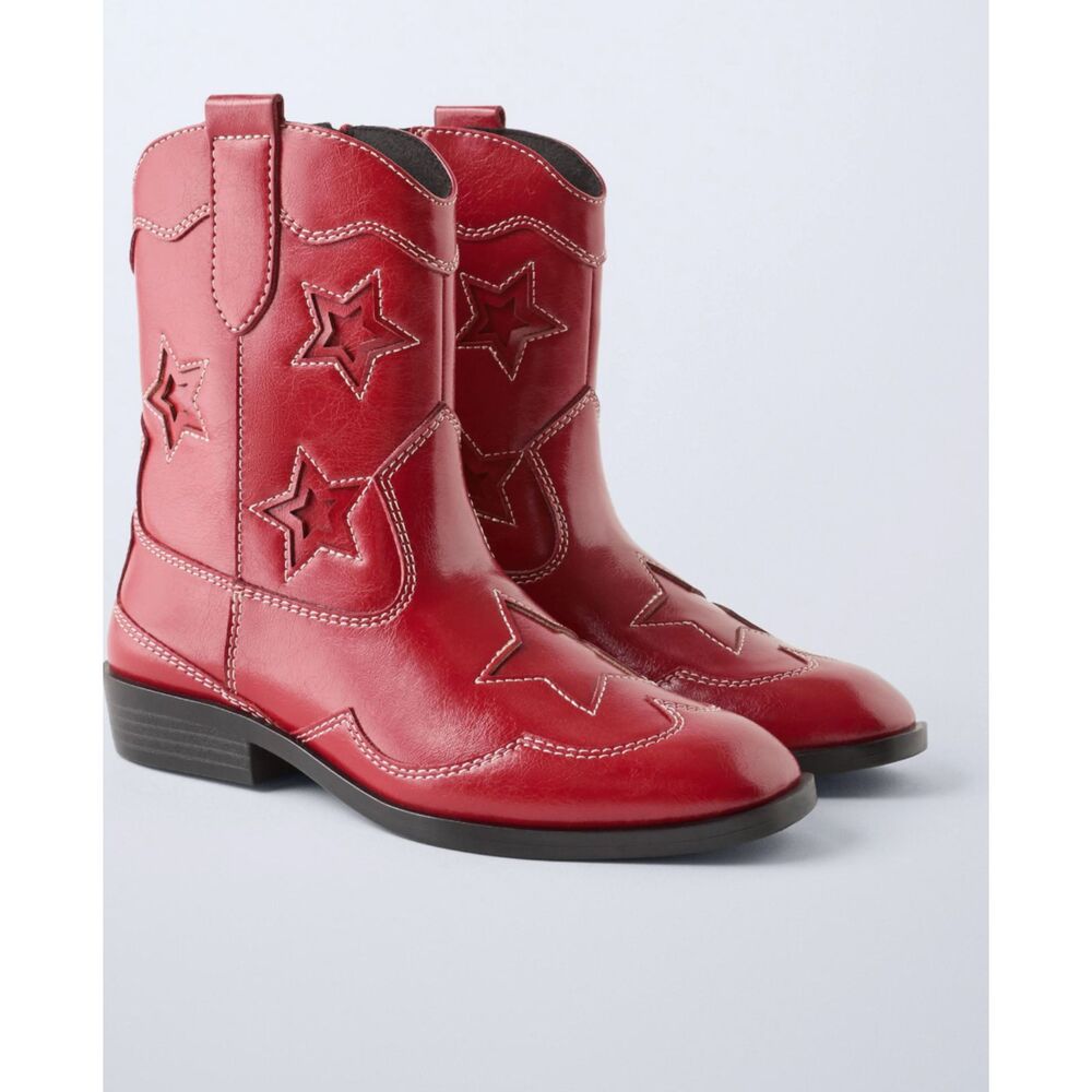 Zara Red Vegan Leather Star Embroidered Cowboy Boots EU 38 US 7.5 NWT